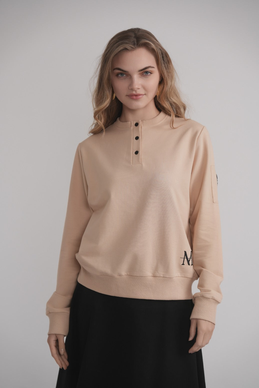 Fledermausärmel-Sweatshirt mit Knöpfen – Beige