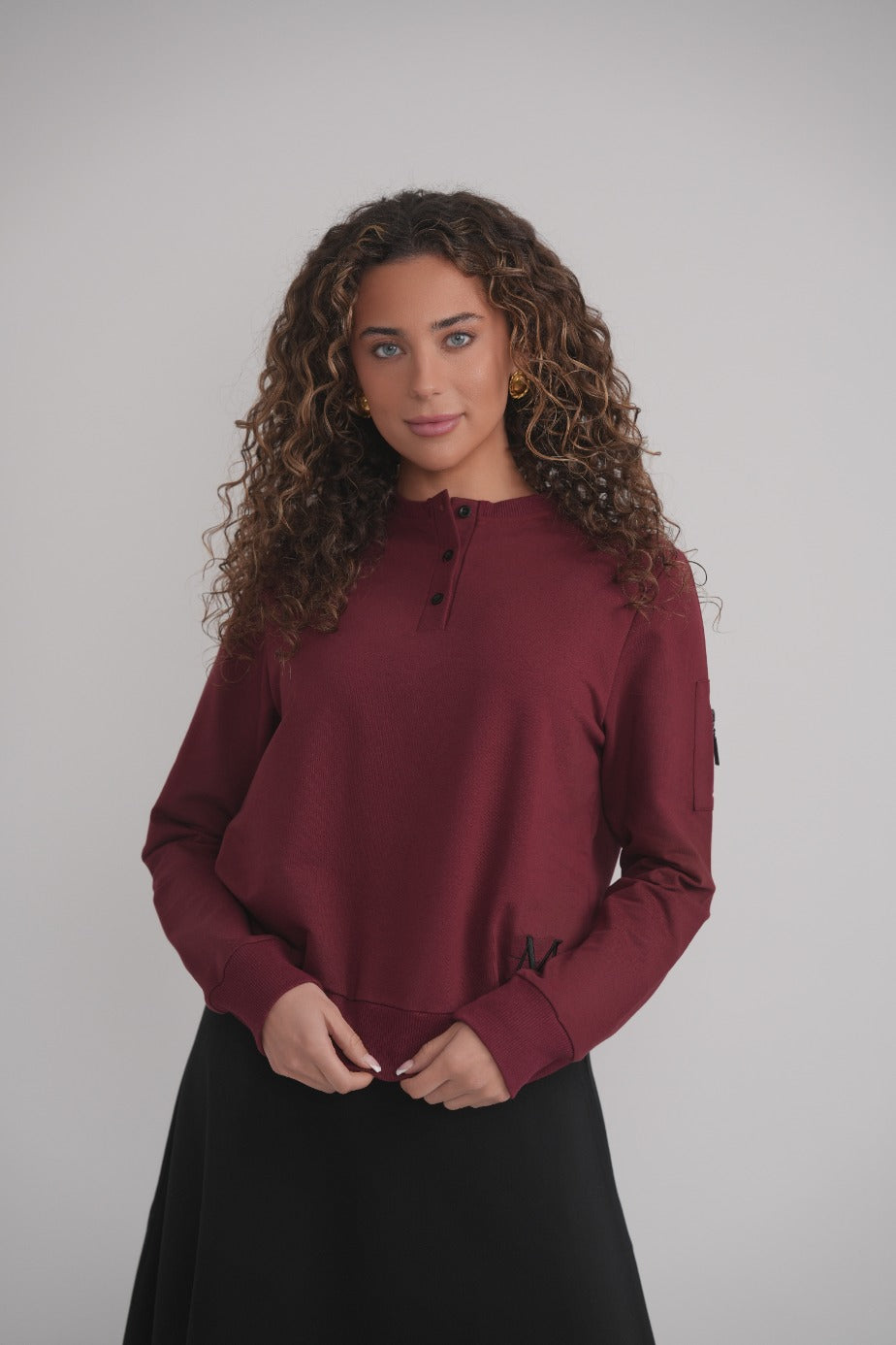 Fledermausärmel-Sweatshirt mit Knöpfen – Weinrot